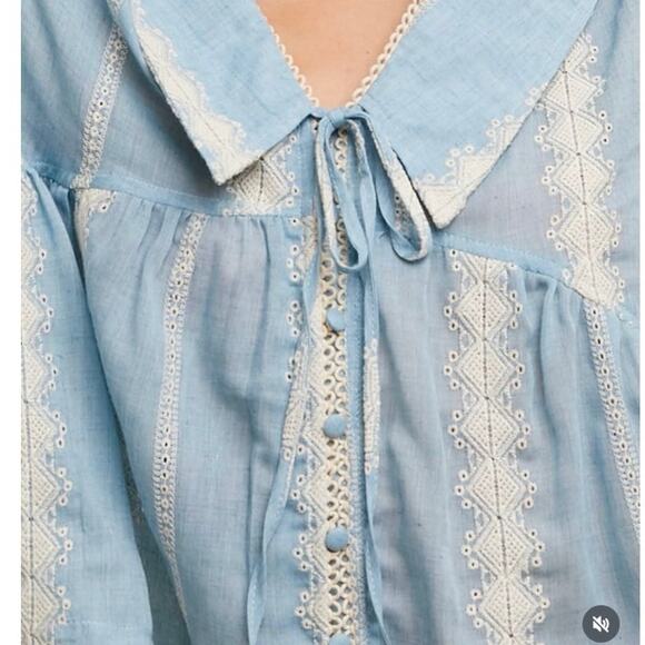 Listicle Head in the Clouds Embroidered Button Front Blouse Top Blue NEW Large - Picture 2 of 12